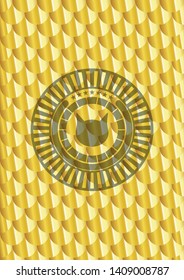 cat face icon inside gold badge or emblem. Scales pattern. Vector Illustration. Detailed.
