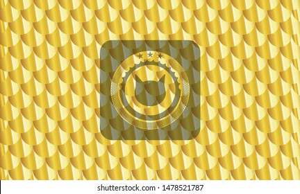 cat face icon inside gold badge or emblem. Scales pattern. Vector Illustration. Detailed.