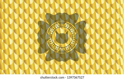 cat face icon inside golden emblem. Scales pattern. Vector Illustration. Detailed.