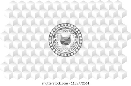 cat face icon inside grey emblem with geometric cube white background