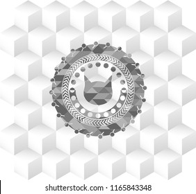 cat face icon inside grey icon or emblem with geometric cube white background