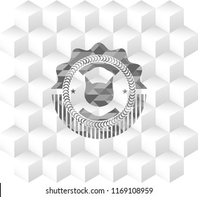 cat face icon inside grey emblem with geometric cube white background