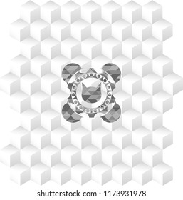 cat face icon inside grey icon or emblem with geometric cube white background