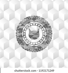 cat face icon inside grey badge with geometric cube white background