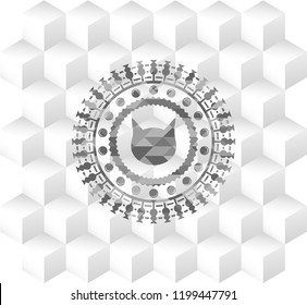 cat face icon inside grey emblem with cube white background