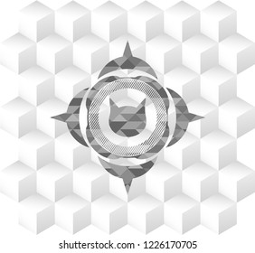 cat face icon inside grey badge with geometric cube white background