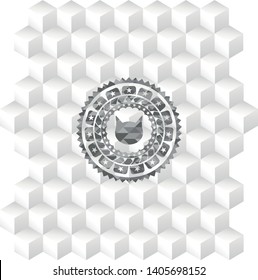 cat face icon inside grey icon or emblem with geometric cube white background