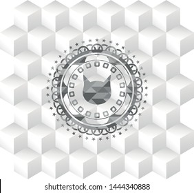 cat face icon inside grey badge with geometric cube white background