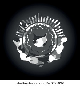 cat face icon inside grey camouflage emblem
