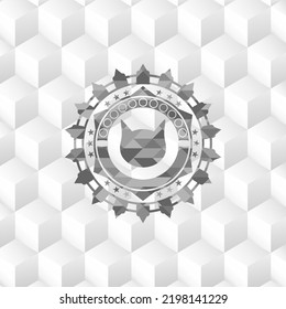 cat face icon inside grey emblem with geometric cube white background. 