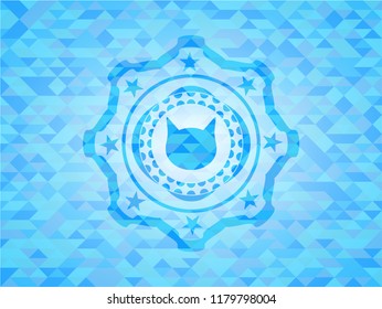 cat face icon inside light blue emblem with triangle mosaic background
