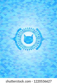 cat face icon inside light blue emblem. Mosaic background