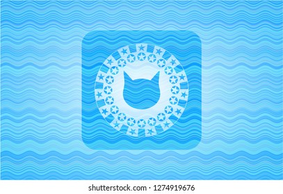 cat face icon inside light blue water style emblem.
