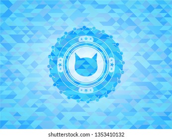 cat face icon inside light blue emblem with mosaic background