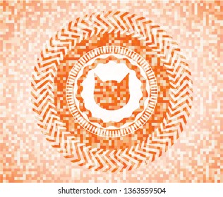 cat face icon inside orange tile background illustration. Square geometric mosaic seamless pattern with emblem inside.