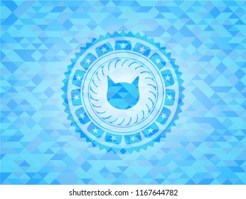 cat face icon inside realistic sky blue mosaic emblem