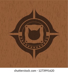 cat face icon inside realistic wooden emblem