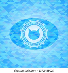 cat face icon inside realistic light blue emblem. Mosaic background