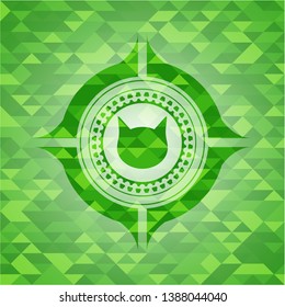 cat face icon inside realistic green mosaic emblem