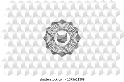 cat face icon inside realistic grey emblem with geometric cube white background