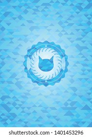 cat face icon inside realistic sky blue mosaic emblem