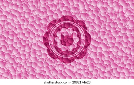 cat face icon inside realistic pink emblem with bubbles background. Vector Illustration. Detailed. 