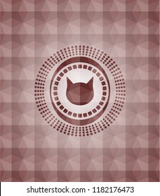 cat face icon inside red emblem or badge with geometric pattern background. Seamless.