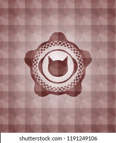 cat face icon inside red polygonal badge. Seamless.
