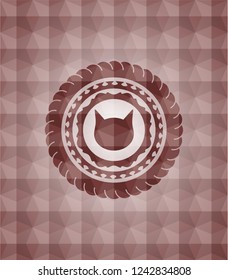 cat face icon inside red emblem or badge with abstract geometric pattern background. Seamless.