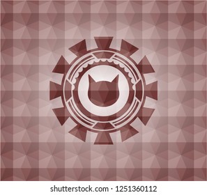 cat face icon inside red seamless badge with geometric pattern.