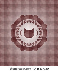 cat face icon inside red emblem or badge with geometric pattern background. Seamless.
