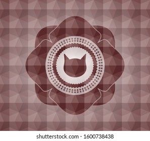 cat face icon inside red seamless geometric pattern emblem. Seamless.