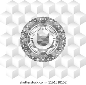cat face icon inside retro style grey emblem with geometric cube white background