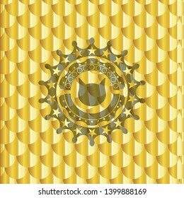 cat face icon inside shiny golden badge. Scales pattern. Vector Illustration. Detailed.