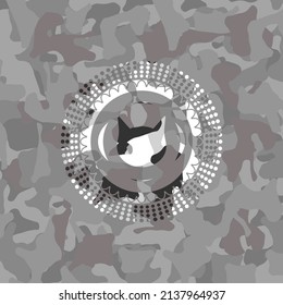 cat face icon on grey camouflage texture. 