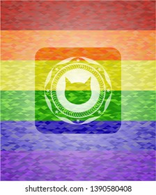 cat face icon on mosaic background with the colors of the LGBT flag