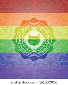 cat face icon on mosaic background with the colors of the LGBT flag