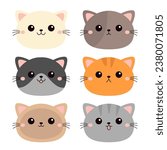 Cat face icon set. Different breeds and patterns, emotions, colors. Cute kitten, kitty. Cartoon kawaii funny baby character. Kids collection. Sticker print. Flat design. White background. Vector