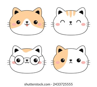Cat face icon set. Kitten head in glasses, sleeping, happy kitty. Line contour silhouette icon. Funny kawaii smiling doodle animal. Cute cartoon baby pet character. Flat design White background Vector
