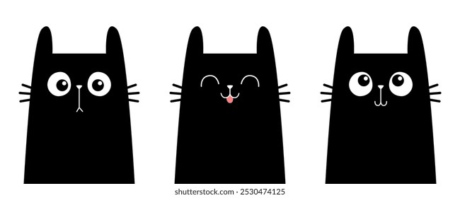 Cat face icon set. Three black kitten kitty. Sad, happy, surprised emotion. Cute kawaii cartoon character. Valentines Day. Greeting card, banner, sticker print. White background. Flat design. Vector