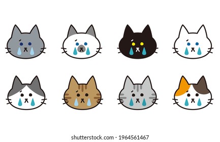 Cat face icon set for various crying cat breeds.