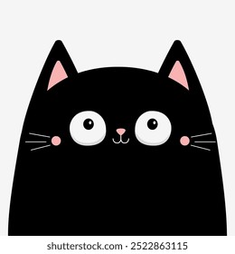 Cat face. Kitten with big round eyes. Black silhouette icon. Cute cartoon pet baby character. Funny kawaii animal. Greeting card. Sticker print. Childish style. Flat design. White background. Vector