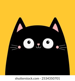 Cat face. Kitten with big round eyes. Black silhouette icon. Cute cartoon pet baby character. Funny kawaii animal. Greeting card. Sticker print. Childish style. Flat design. Yellow background. Vector