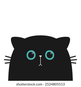 Cara de gato. Gatito con ojos azules. Icono de silueta negro. Personaje lindo del bebé de la mascota de la historieta. Divertido animal kawaii. Impresión de la etiqueta engomada. Tarjeta de felicitación. Estilo infantil. Diseño plano. El fondo blanco. Vector