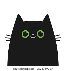 Cat face. Kitten with green eyes. Black silhouette icon. Cute cartoon pet baby character. Funny kawaii animal. Sticker print. Greeting card. Childish style. Flat design. White background. Vector