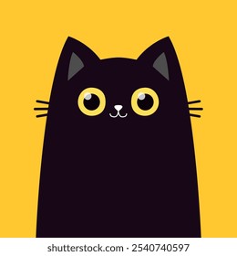 Cat face. Kitten with yellow eyes. Cute cartoon pet baby character. Black silhouette icon. Funny kawaii animal. Sticker print. Greeting card. Childish style. Flat design. Yellow background. Vector