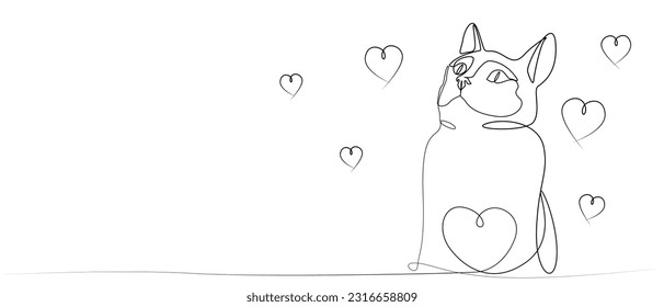 Cat face line drawing, vector illustration. Cat and heart. Home pet. The cat is human friend