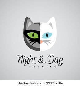 Cat face logo template. Dark gray and white color cats. Day and 