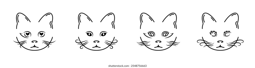 Conjunto de Vector con logo de cara de gato. Icono de línea de colección de coño. Esquema del Vector del gatito. Conjunto de cabeza de gato. Concepto de clínica veterinaria. Forma de boca de gato. Logotipo de mascotas.