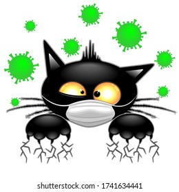 Cat with Face Mask scared by Virus Covid19 Humorous Cartoon Character